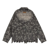 Men Denim Jacket Lightning Printed Jacket Coat Washed Distressed Denim Jacket