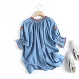 Women T-Shirt Summer Collar Lace-up Embroidery Tencel Denim Shirt