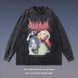 Men Long Sleeve Shirt Portrait Washed Distressed Long Sleeve Bottoming T-shirt Men and Women Oversize