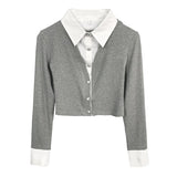 Women Long Sleeve Shirt Short Design Patchwork Top