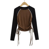 Women T-shirt Color Contrast Patchwork Drawstring Long Sleeve Top O-neck Short