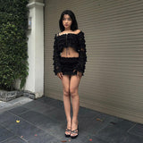 Women Co-Ord Set Midriff-Baring Long Sleeve Top Pure Desire Skirt Outfit Women