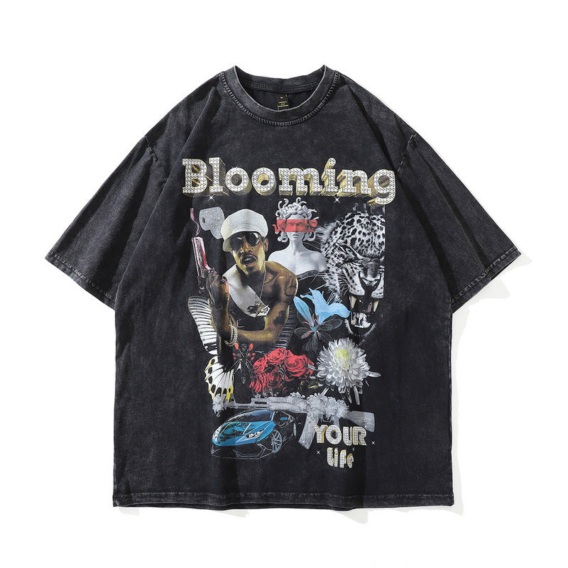Men T Shirt Washed Vintage Printed round Neck Summer Short Sleeve T-shirt for Men and Women