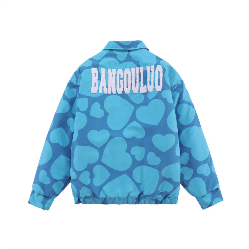 Men Cotton Mixed Jacket Coat Fall/Winter Jacket Men's Full Printed Heart Letter Lapel Zipped Cotton-Padded Jacket
