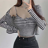 Women Long Sleeve Shirt Black and White Striped Camisole Small Cardigan Coat