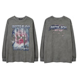 Men Long Sleeve Shirt Vintage Print Distressed Long Sleeve T-shirt Men and Women American Style Hip Hop Loose