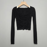 Women Long Sleeve Shirt Short V-neck Base Shirt Solid Color Slim Fit