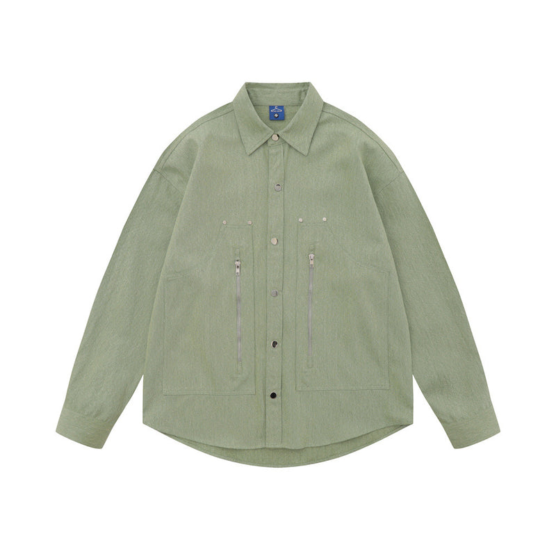 Men Long Sleeved T Shirt Spring and Autumn Solid Color Long Sleeve Shirt Men's Zipper Pocket Lapels Shirt Pure Cotton Cardigan Top