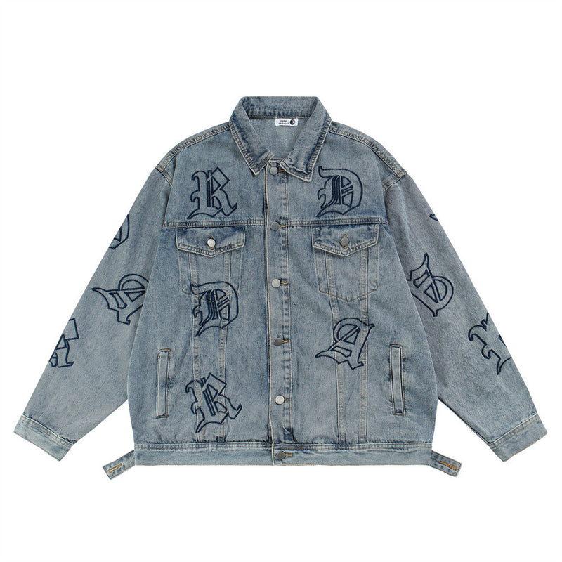 Men Denim Jacket Embroidery Denim Clothes Jacket Male Loose Lapels Patchwork Denim Jacket