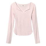 Women Long Sleeve Shirt V-neck Slim Slimming Curved Waist-Controlled Top Long Sleeve