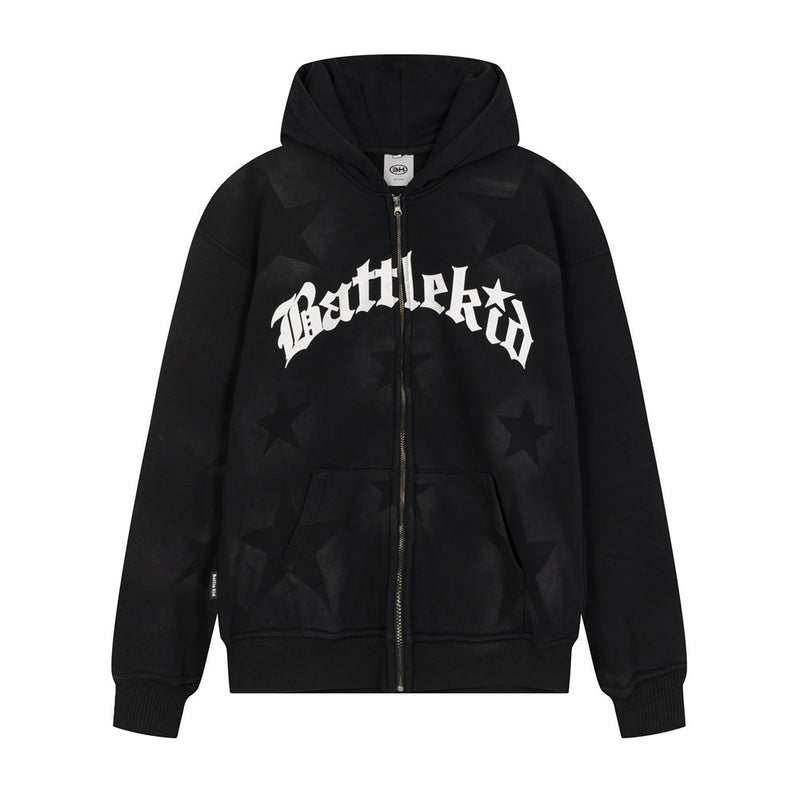 Men Fleece Lined Hoodie XINGX Letter Print Sweatshirt Men's Autumn and Winter Loose Zip Coat