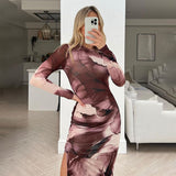 Woman Dresses Winter Print Mesh round-Neck Long-Sleeved Dress