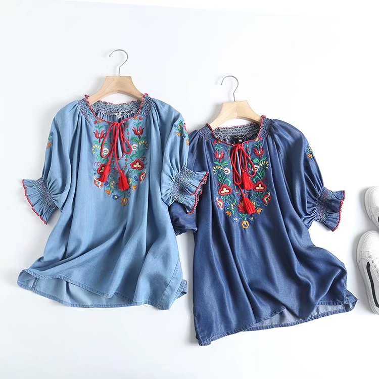 Women T-Shirt Summer Collar Lace-up Embroidery Tencel Denim Shirt