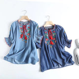 Women T-Shirt Summer Collar Lace-up Embroidery Tencel Denim Shirt
