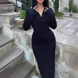 Women Dresses Women Sexy Long Sleeve Narrow Long Dress Casual Slim-Fit Hood