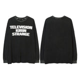Men Long Sleeve Shirt Washed Distressed Letters Graffiti Long Sleeve T-shirt for Men and Women