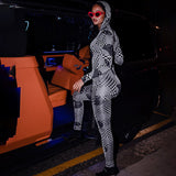 Women Jumpsuit Autumn and Winter Zipper Hooded Printed Tight Long Sleeve
