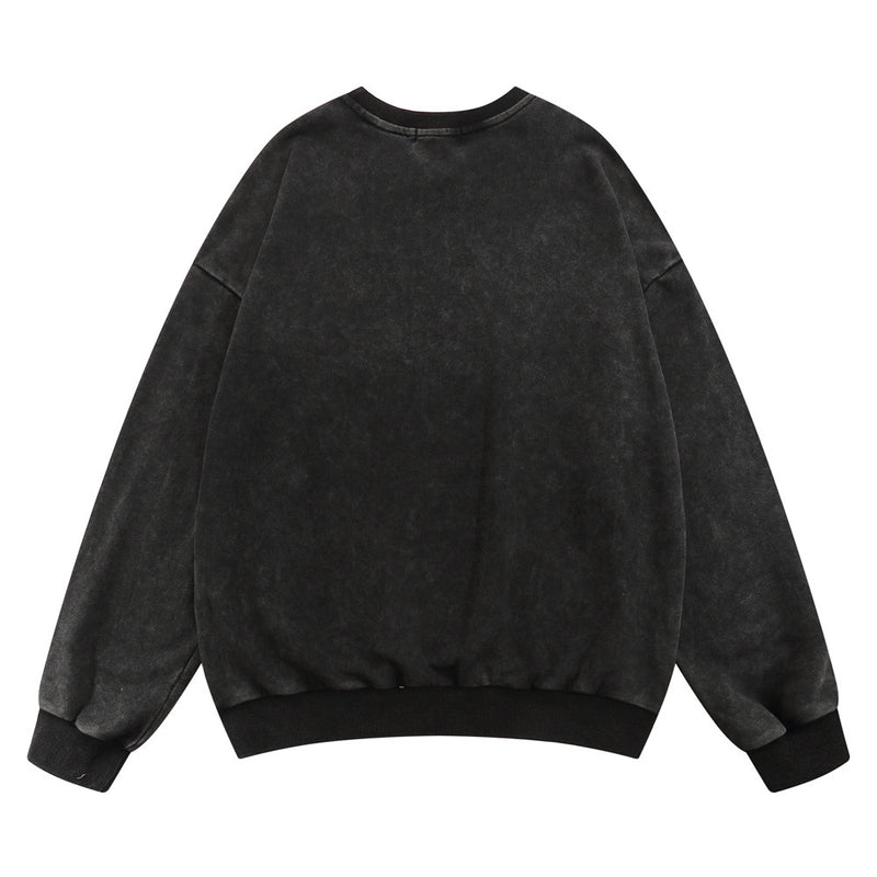 Men Hoodie Washed Distressed Printed Sweater Men's round Neck Loose Crew Neck Top Spring and Autumn