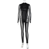 Women Jumpsuit Autumn Fashion Stitching Mesh round Neck