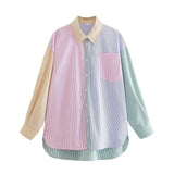 Women T-Shirt Autumn Fashion Polo Collar Striped Contrast Color Shirt Contrast Color