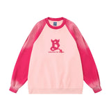 Men Hoodie Color-Block Raglan Sleeves Inkjet Sweater Flocking Letter Embroidery Pullover Loose
