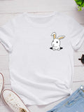 Pocket Bunny Print Women T Shirt Short Sleeve O Neck