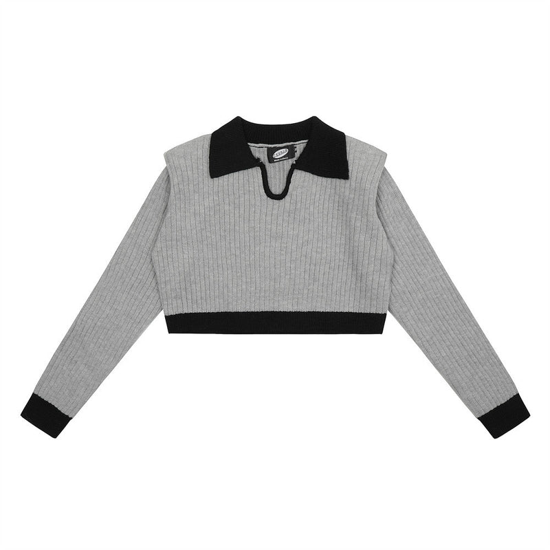 Women Sweater Color Block Short Casual Autumn Long Sleeve Top