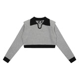 Women Sweater Color Block Short Casual Autumn Long Sleeve Top