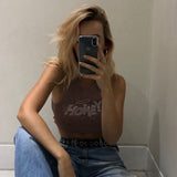 Women Halter Tops Spring Letter Rhinestone Slim Vest
