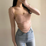Women Long Sleeve Shirt Short Pleated Suspender Vest