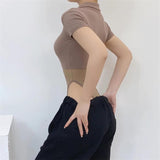 Women T-Shirt Spring/Summer Lapel Mesh Stitching Fashion Tight