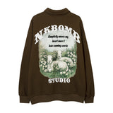 Men Hoodie Sheep Printing Lapel Sweater Boys Spring and Autumn Half Zipper Polo Shirt