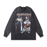 Men Long Sleeve Shirt Vintage Rap Portrait Printing Washed Distressed Long Sleeve T-shirt for Men and Women