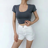 Women T-shirt Summer High Waist T-shirt Short Cotton Top