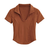 Women T-Shirt Polo Lapel Fitted Short T-shirt Short Sleeve Top