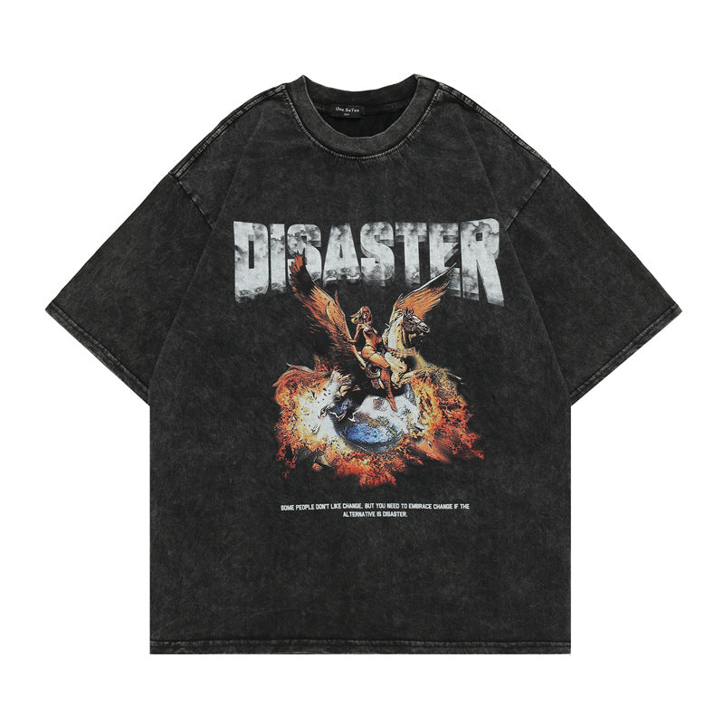 Men T Shirt Washed and Worn Printed Loose T-shirt Men's Summer Street
