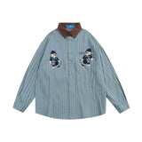 Men Long Sleeved T Shirt Embroidered Long Sleeve Shirt Men's Spring and Autumn Vertical Stripes Contrast Color Shirt Coat Vintage