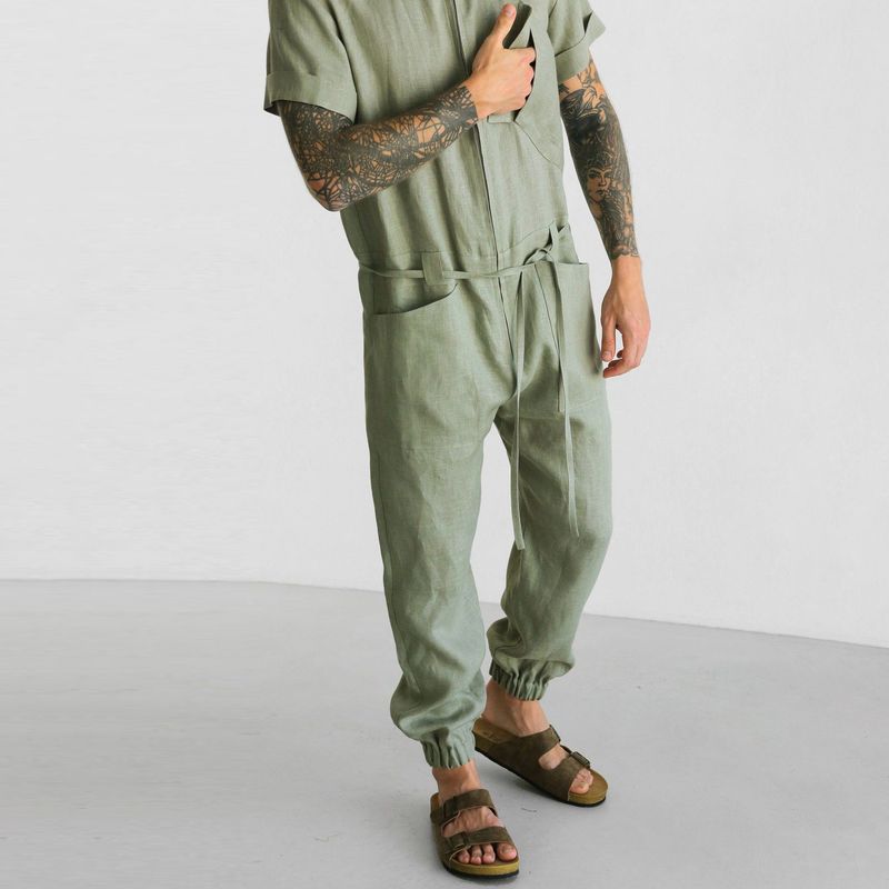 Men Pant Casual Suit Summer Short-Sleeved One-Piece Overalls