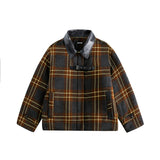 Unisex Jacket Winter Plaid Leather Patchwork Collar Cotton Jacket