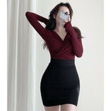 Women Long Sleeve Shirt Slim Fit Slimming V-neck Long Sleeve Top Women