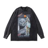 Men Long Sleeve Shirt Portrait Printing Washed Long Sleeve T-shirt for Men and Women