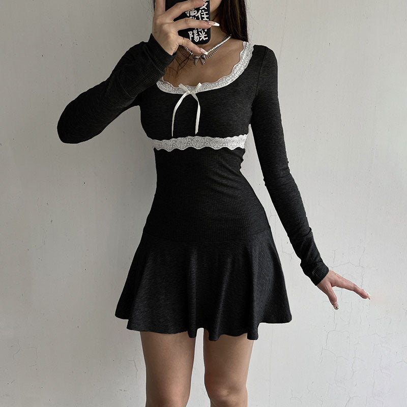 Women Dresses Lace Stitching Bow Cinched Pleated Top