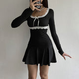 Women Dresses Lace Stitching Bow Cinched Pleated Top