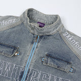 Men Denim Jacket Men's Stitching Embroidered Letters Washed and Worn Denim Jacket