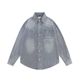 Men Long Sleeve T Shirt Washed and Worn Denim Shirt Jacket Spring and Autumn Men's Embroidery Loose Long Sleeve Shirt