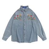 Men Long Sleeved T Shirt Denim Long Sleeve Shirt Men Spring and Autumn Floral Embroidery Washed Faded Baggy Coat