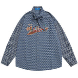 Men Long Sleeved T Shirt Cartoon Letter Embroidered Neckline Long Sleeve Shirt Trendy Loose Striped Shirt