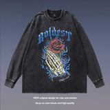 Men Long Sleeve Shirt Gothic Rose Skull Printed Long Sleeve T-shirt Men and Women Washed Distressed