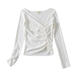Women T-Shirt Casual Versatile Pleating Long Sleeve Bottoming T-shirt