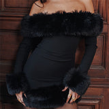 Women Dresses Autumn and Winter Women's Fur Collar Long Sleeve Evening Dress Dress